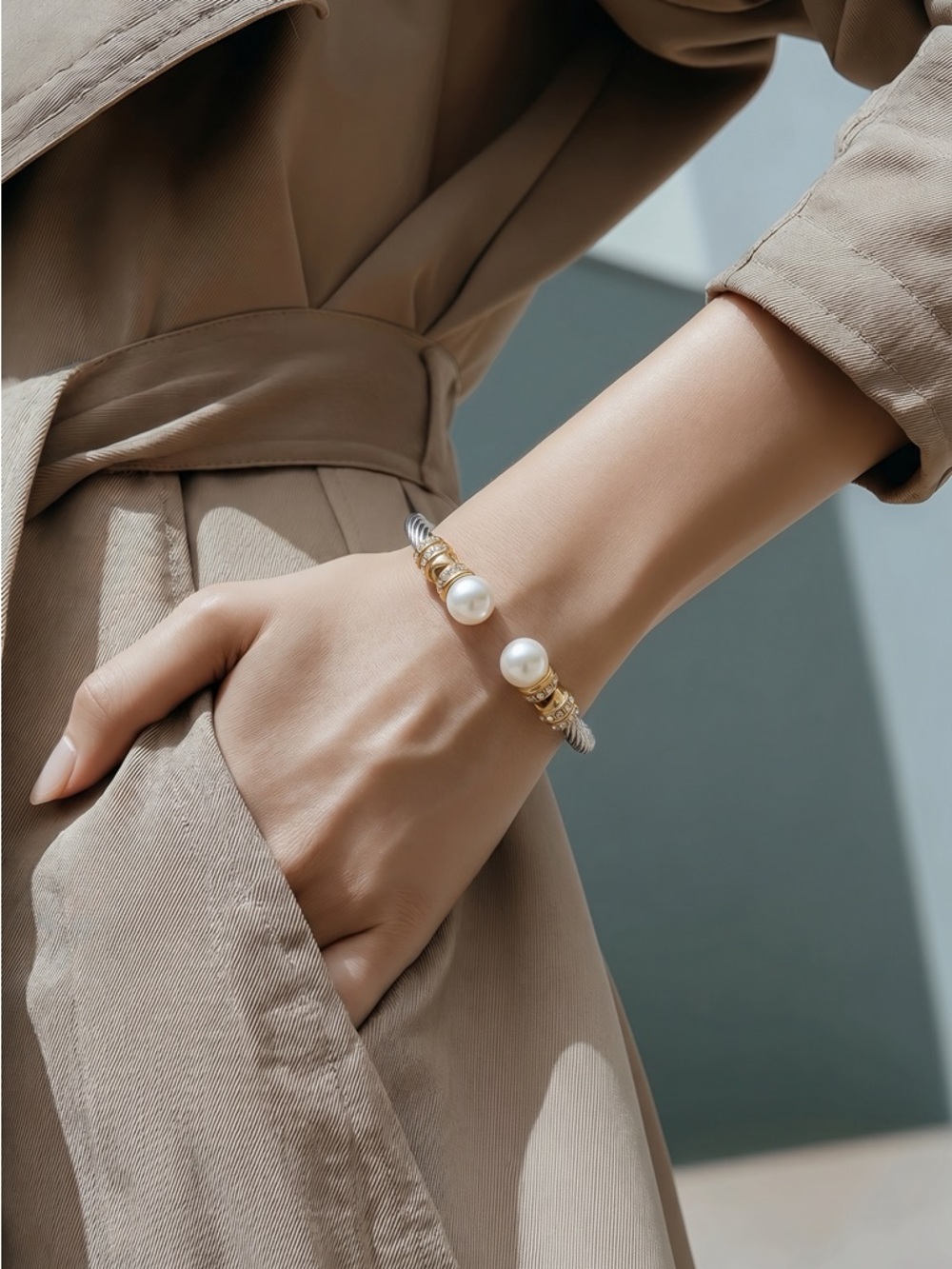Elegant Stainless Steel Pearl Cable Cuff Bracelet - 18k gold plating, waterproof